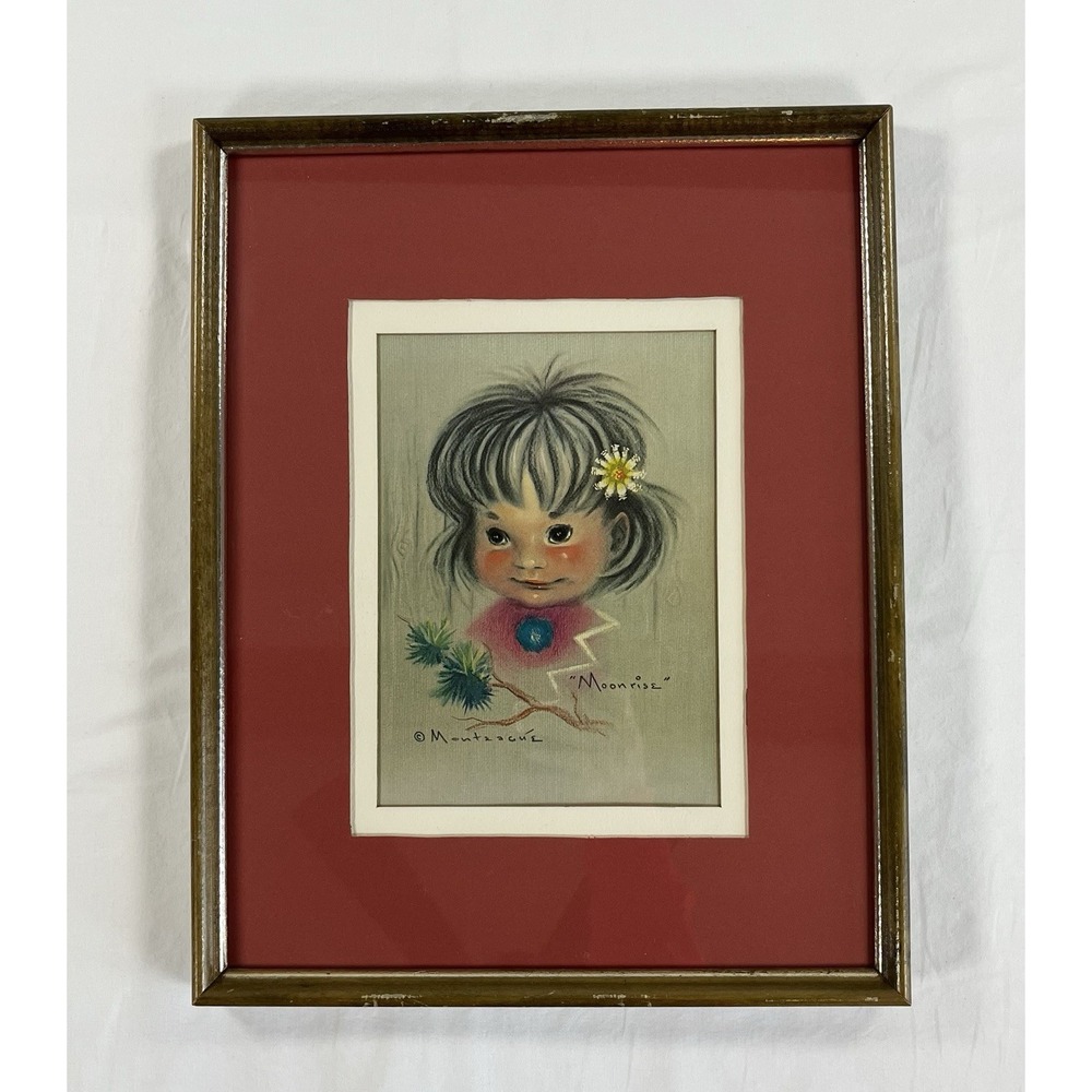 Vtg Monteague Flagg Moonrise Big Eyes Native American Girl Lithograph Framed MCM